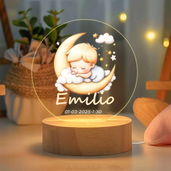 Luz nocturna personalizada de acrílico con nombre luna y nube base de madera decoración de dormitorio regalo de cumpleaños para niños y niñas