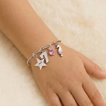 Personalized Lucky Star Heart Seahorse Ballerina Pendant Bead Chain Bracelet with Birthstone Number and Engraved Name Birthday Gift for Kids Girls