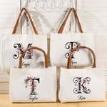 Personalized Floral Bow Initial Large Capacity Canvas Tote Bag with Name and PU Leather Handle Birthday Bridesmaid Gift for Women