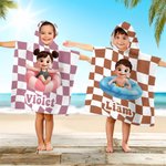 Personalized 3D Cartoon Character Swim Ring Plaid Soft Hooded Beach Towel with Name Travel Essentials Summer Vacation Birthday Gift for Boys Girls