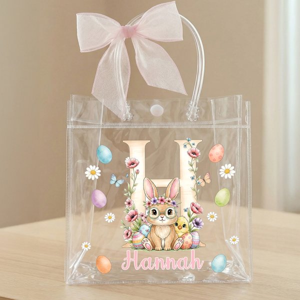 Personalised Pink Bow Ribbon Colourful Easter Eggs Rabbit Chicks Clear Gift Bag with Name and Initial Easter Party Favors Gift for Kids