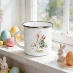 Personalized Cute Easter Egg Bunny Flower 12 oz Enamel Mug with Initial and Name Easter Party Gift for Kid