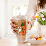 Personalized Easter Carrot Rabbit 16 oz Plastic Transparent Straw Cup with Name and Initial Easter Day Birthday Gift for Kids