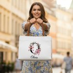 Personalized Floral Bow Initial Large Capacity Canvas Tote Bag with Name and PU Leather Handle Birthday Bridesmaid Gift for Women