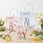 Personalized Cute Peter Rabbit Initial Clear Gift Bag with Name and Pink Bow Ribbon Easter Party Favors Gift for Kids