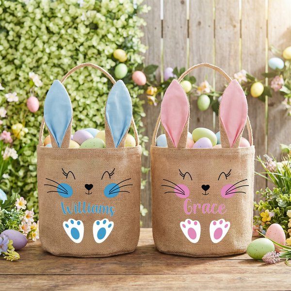 Personalized Cute Bunny Design Jute Bucket Basket with Name and Bunny Ears Easter Egg Hunting Easter Party Favors Gift for Kids Toddlers