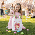 Personalized Cute Leopard Print Easter Bunny Design Reusable Easter Basket with Name and Bunny Ears Eggs Hunting Happy Easter Gift for Kids