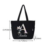 Personalized Pearl Effect Birth Flower Corduroy Large Capacity Tote Bag with Name and Initial Daily Use Birthday Gift for Her