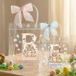 Personalized Pink Bow Ribbon Colorful Easter Eggs Rabbit Chicks Clear Gift Bag with Name and Initial Easter Party Favors Gift for Kids