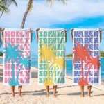 Personalised Multicolor Palm Tree Quick Dry Oversized Beach Towel with Name Travel Essentials Birthday Summer Vacation Party Gift for Women