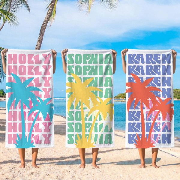 Personalized Multicolour Palm Tree Quick Dry Oversized Beach Towel with Name Travel Essentials Birthday Summer Vacation Party Gift for Women