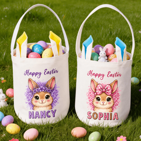 Personalized Cute Leopard Print Easter Bunny Design Reusable Easter Basket with Name and Bunny Ears Eggs Hunting Happy Easter Gift for Kids