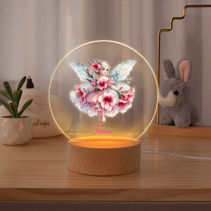 Personalised Birth Flower Fairy Acrylic Night Light with Name and Wooden Base Room Decor Birthday Gift for Girls