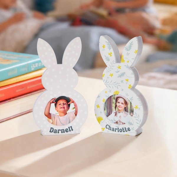 Personalized Cute Bunny Flower Wave Point Acrylic Photo Frame with Photo and Name Easter Birthday Gift for Kids Boys Girls