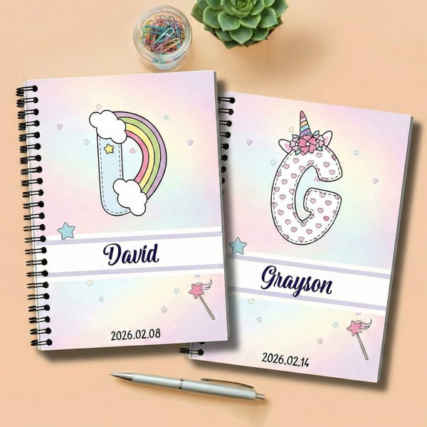 Personalized Rainbow Cloud Fantasy Unicorn Initial Spiral A5 Notebook with Name and 120 Lined Pages Daily Use Birthday Gift for Girls