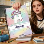 Personalized Rainbow Cloud Fantasy Unicorn Initial Spiral A5 Notebook with Name and 120 Lined Pages Daily Use Birthday Gift for Girls