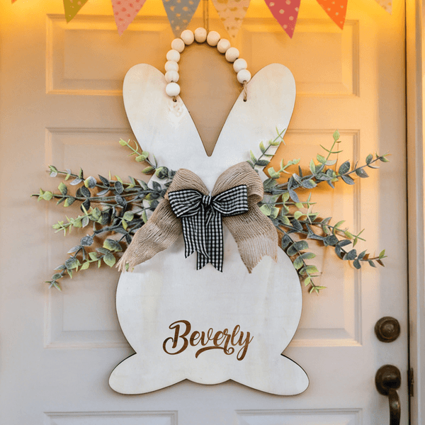 Personalized Cute Bunny Double Bows Wooden Sign with Name Home Decor Easter Gift for Kids Family