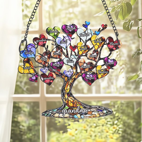 Personalised Glass Art Heart Family Tree Oil Acrylic Ornament with 2-20 Names and Text Home Decor Mother's Day Birthday Gift for Woman Mom Grandma