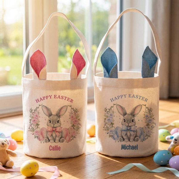 Cestino di Pasqua personalizzato con corona di coniglietti e orecchie di coniglio con nome Regalo per la festa di Pasqua per ragazzi e ragazze