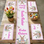 Personalisiertes Oster-Tischset inklusive Tischläufer und Platzsets mit Aquarell Osterhasen Namen und Wunschtext Tischdeko Ostern Geschenk für Familie