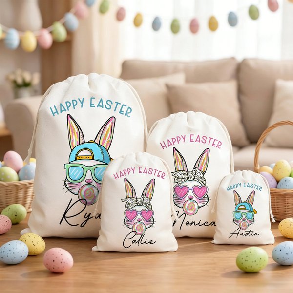 Personalized Happy Easter Cartoon Bunny Canvas Drawstring Gift Bag with Name Easter Hunting Party Gift for Boys Girls