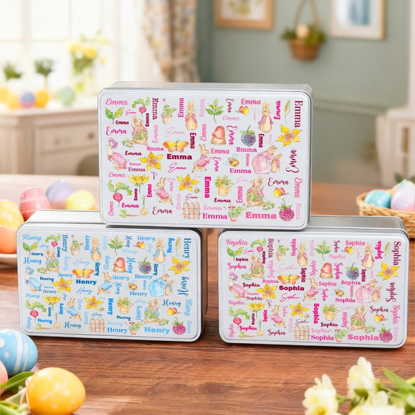 Personlig søt Peter Rabbit Radish Word Cloud Biscuit Tin Oppbevaringsboks med navn Daglig bruk Påskegave til gutter Jenter