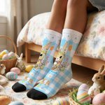 Personalized Cute Wreath Bunny Plaid Soft Kid Adult Mid-Calf Socks with Name Daily Wear Easter Gift for Kids Family