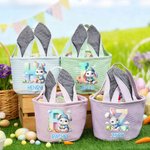 Personalized Cute Bunny Ears Rabbit Name Stripe Easter Basket with Initial Eggs Hunting Party Favor Easter Gift for Kids