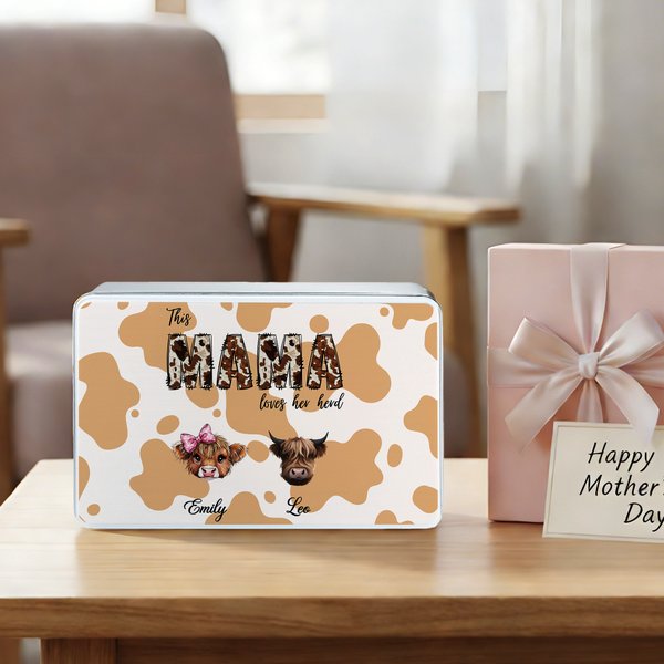 Personalised 1-8 Highland Cows Biscuit Tin Storage Box with Names and Title Daily Use Birthday Mother's Day Gift for Mom Grandma