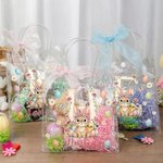 Borsa PVC trasparente personalizzata con nome, iniziale e fiocco, stampa a tema Pasqua - Regalo per bambini