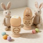 Œuf à secouer en bois personnalisé avec texte nom et année gravés - Design de lapin mignon - Cadeau de Pâque pour les enfants