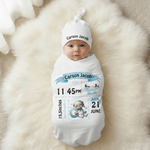 Personalised Cute Bear 100% Cotton Swaddle Blanket and Hat Set with Initial and Name Birthday Baby Shower Gift for Newborn Baby