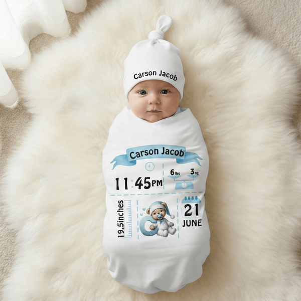 Personalised Cute Bear 100% Cotton Swaddle Blanket and Hat Set with Initial and Name Birthday Baby Shower Gift for Newborn Baby