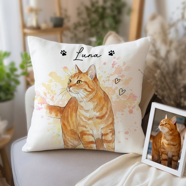 Taie d'oreiller personnalisée avec photo d'aquarelle de l'animal de compagnie, cœur et empreinte de patte, avec nom, adoption, anniversaire, cadeau d'anniversaire pour chat, chien et propriétaire d'an