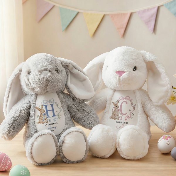 Personalisierte niedlichen Kranz Kaninchen Initial Plüsch Osterhase Plüschtier mit Namen und Jahr Ostern Geschenk für Neugeborene Kinder