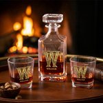 Personalized Vintage Filigree Initial Whiskey Decanter 2 Glasses Box Set with Name Father's Day Birthday Gift for Liquor Lovers