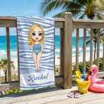 Personalized Leopard Print Cartoon Beach Character Quick Dry Oversized Beach Towel with Name Summer Vacation Birthday Gift for Women