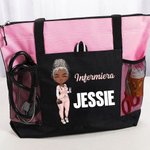 Borsa tote grande personalizzata in tessuto Oxford con infermiera in stile cartone animato, nome e titolo - Regalo di compleanno per infermiere