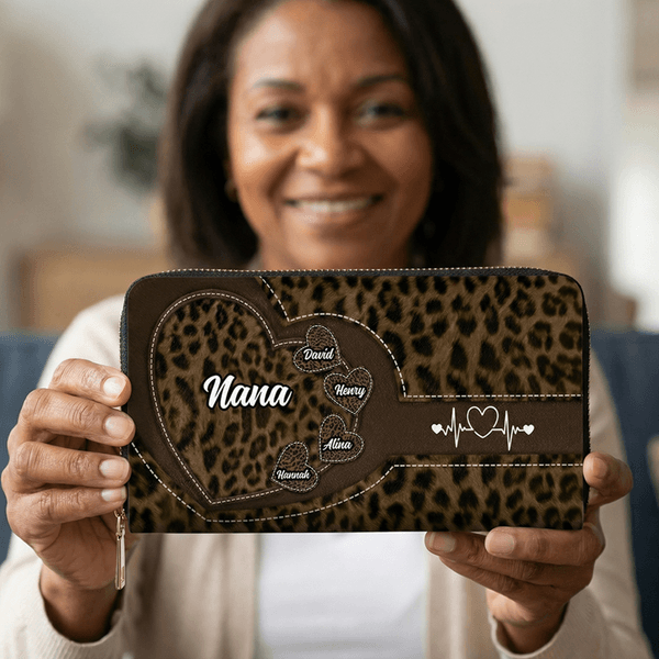 Personalised Heart Gigi Nana 1-10 Names Leopard PU Leather Wallet  with Title Daily Use Mother's Day Gift for Mother Grandmother