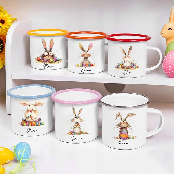Gepersonaliseerde 355 ml Emaille Mok met Grappige Konijnenmotief en Naam Paasfeest Cadeautje voor Kinderen