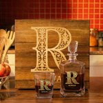Personalized Vintage Filigree Initial Whiskey Decanter 2 Glasses Box Set with Name Father's Day Birthday Gift for Liquor Lovers