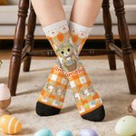 Personalized Cute Wreath Bunny Plaid Soft Kid Adult Mid-Calf Socks with Name Daily Wear Easter Gift for Kids Family