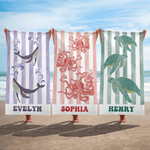 Personalized Marine Life Pattern Stripe Quick Dry Oversized Microfiber Beach Towel with Name Travel Essentials Beach Party Birthday Gift for Friends
