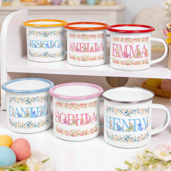 Personalized Watercolor Floral Cute Rabbit Enamel Mug with Name Daily Drinking Easter Gift for Family Kids