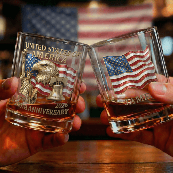 Personalized Eagle Statue of Liberty American Flag 10 oz Whiskey Glass with Name America's 250th Anniversary Gift for Dad Whiskey Lover