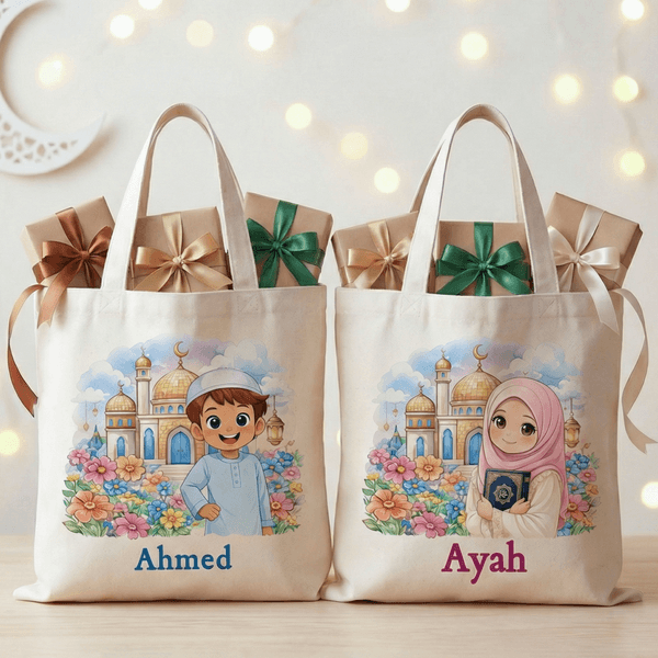 Personalized Ramadan Kid Pattern Canvas Tote Bag with Name Ramadan Decoration Stuffer Eid Gift for Boys Girls