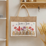 Personlig akvarell Födelseblomma Stor Jute Tote Bag med 1-7 namn och framficka Daglig användning Mors dag present till mamma mormor
