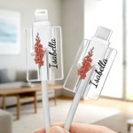 Personalised Birth Flower Set of 2 Acrylic Cable Protector with Name iPhone Type-C Phone Accessory Birthday Gift for Family Friends