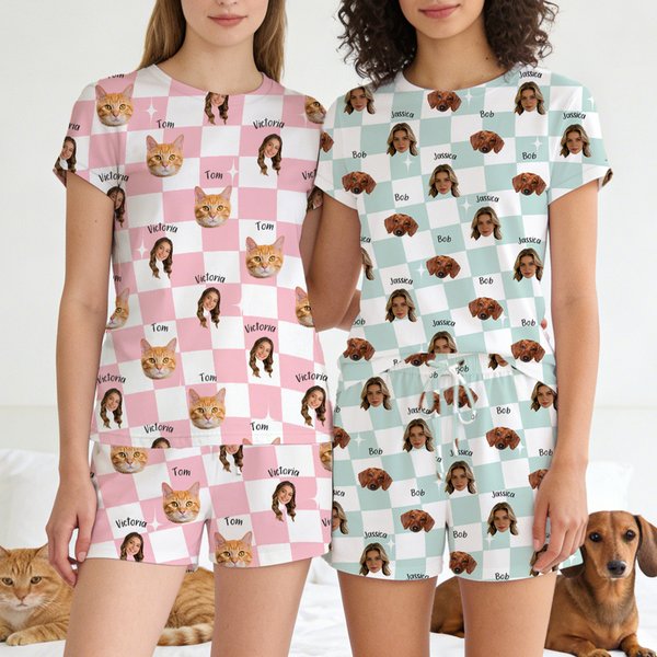 Personalizzato Star 1-4 Face Photos Checkerboard Pattern Pajama Set con nome Regalo di compleanno da indossare tutti i giorni per la nonna, la mamma, la donna e l'amante degli animali.