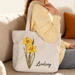 Personalised Corduroy Tote Bag with Birth Flower and Name | Large Capacity | Everyday Mother's Day Birthday Gift for Women